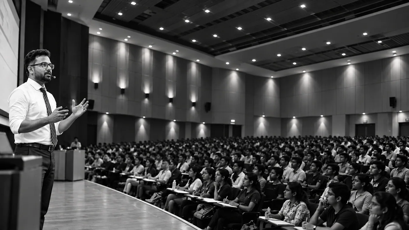 An instructor presenting to students in a lecture hall